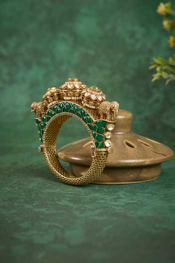Kaari_Green Stones Airavat Polki Elephant Motif Kada _Online_at_Aza_Fashions