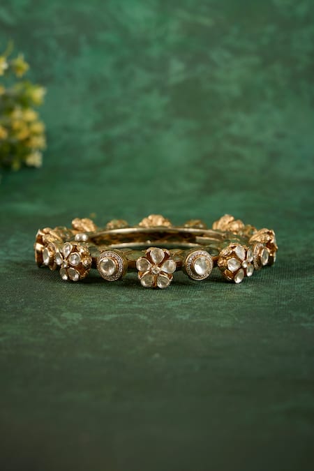 Kaari_Green Stones, Crystals, Harini Floral Carved Kada _Online_at_Aza_Fashions