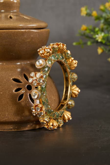 Buy_Kaari_Green Stones, Crystals, Harini Floral Carved Kada _Online_at_Aza_Fashions