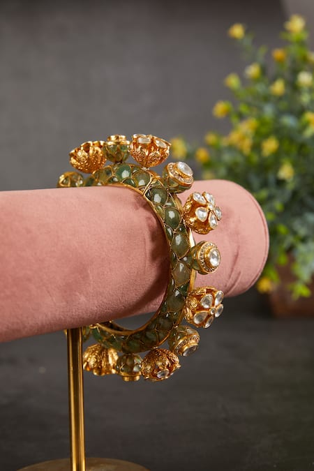 Shop_Kaari_Green Stones, Crystals, Harini Floral Carved Kada _Online_at_Aza_Fashions