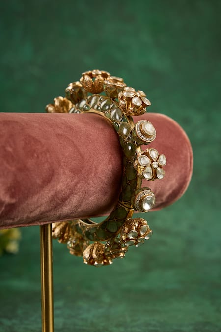 Kaari_Green Stones, Crystals, Harini Floral Carved Kada _at_Aza_Fashions