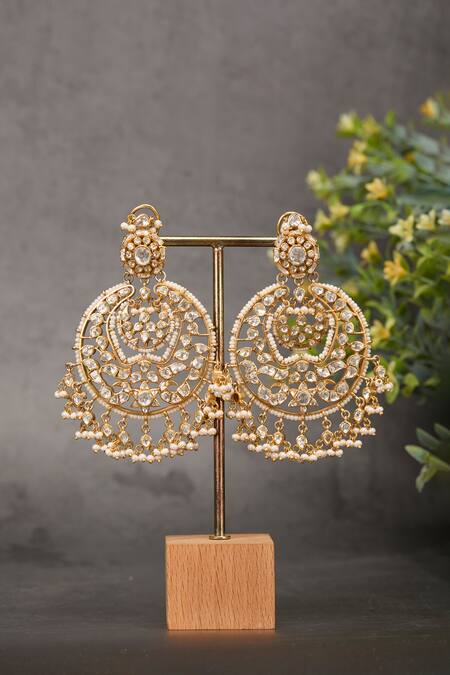 Shop_Kaari_Gold Plated Pearls, Stones, Crystals Kanika Polki Chandbalis _Online_at_Aza_Fashions