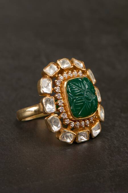 Kaari_Green Stones, Faux Diamonds Vanya Polki Ring _Online_at_Aza_Fashions