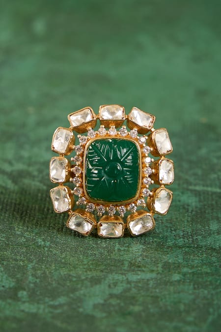 Buy_Kaari_Green Stones, Faux Diamonds Vanya Polki Ring _Online_at_Aza_Fashions