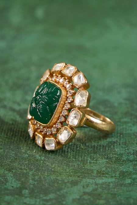 Shop_Kaari_Green Stones, Faux Diamonds Vanya Polki Ring _Online_at_Aza_Fashions
