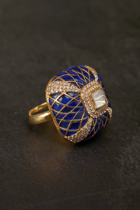 Kaari_Blue Stones, Faux Diamonds Avni Polki Ring _Online_at_Aza_Fashions