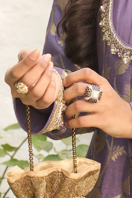 Buy_Kaari_Blue Stones, Faux Diamonds Avni Polki Ring _Online_at_Aza_Fashions