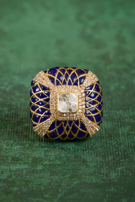 Shop_Kaari_Blue Stones, Faux Diamonds Avni Polki Ring _Online_at_Aza_Fashions