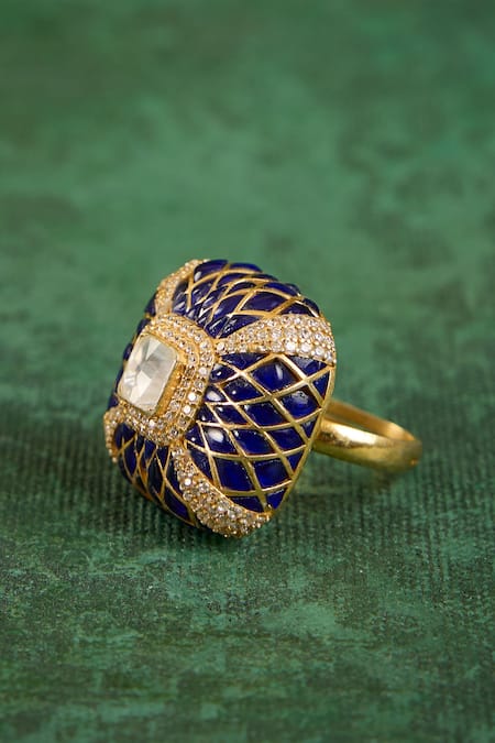 Kaari_Blue Stones, Faux Diamonds Avni Polki Ring _at_Aza_Fashions