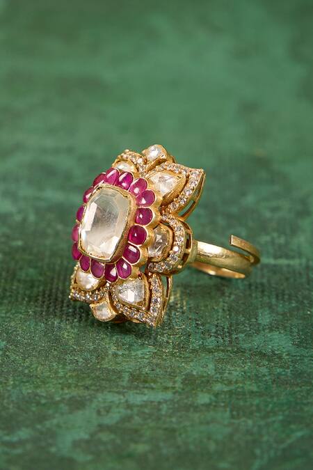 Kaari_White Stones, Crystals, Diamonds, Niti Polki Ring _Online_at_Aza_Fashions