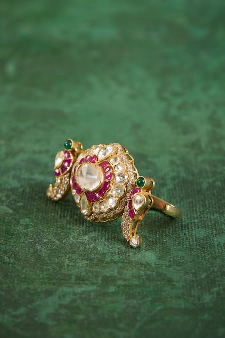 Kaari_Green Stones, Gemstones, Faux Diamonds Ambika Polki Ring _Online_at_Aza_Fashions