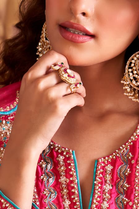 Buy_Kaari_Green Stones, Gemstones, Faux Diamonds Ambika Polki Ring _Online_at_Aza_Fashions