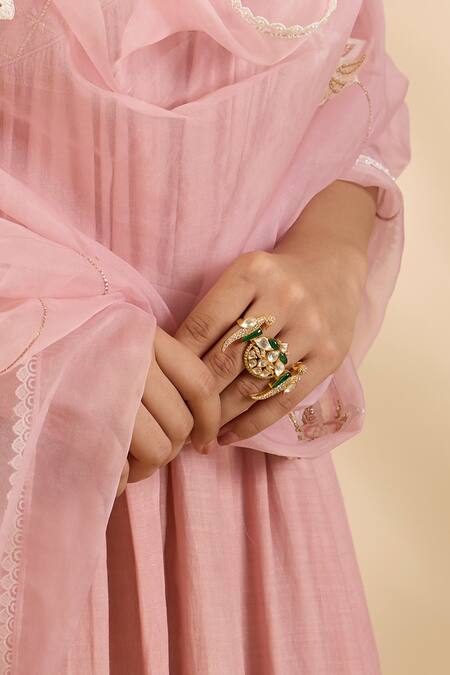 Kaari_Gold Plated Stones, Gemstones, Faux Diamonds Rashi Polki Ring _Online_at_Aza_Fashions