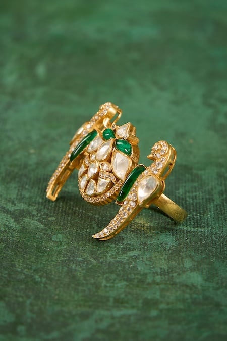 Buy_Kaari_Gold Plated Stones, Gemstones, Faux Diamonds Rashi Polki Ring _Online_at_Aza_Fashions