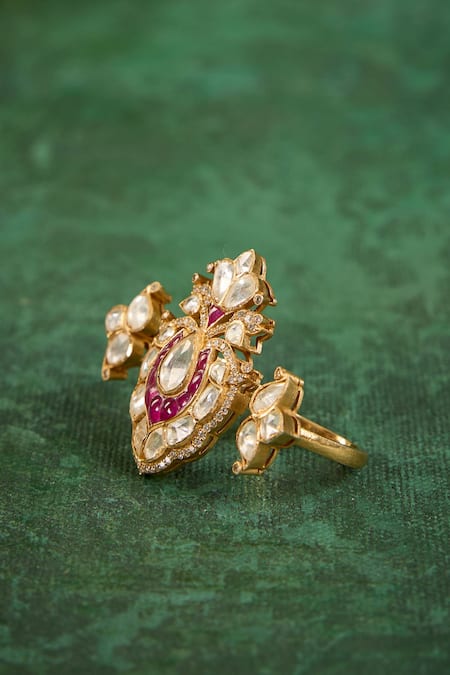 Kaari_Gold Plated Stones, Crystals, Radhika Polki Ring _Online_at_Aza_Fashions