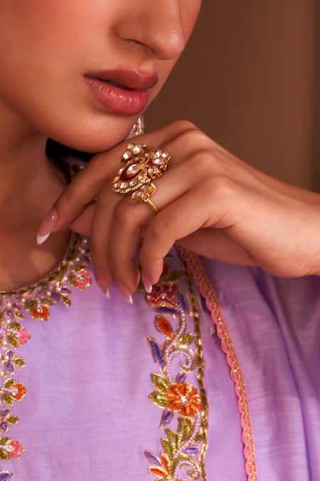 Buy_Kaari_Gold Plated Stones, Crystals, Radhika Polki Ring _Online_at_Aza_Fashions