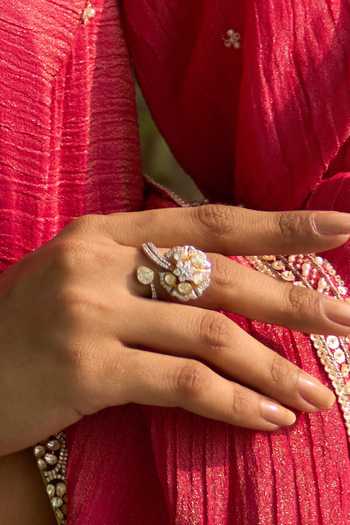 Buy_Kaari_White Stones, Crystals, Vanshika Polki Cz 18kt Gold Plated 92.5 Silver Ring _Online_at_Aza_Fashions