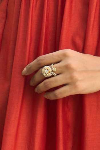 Shop_Kaari_White Stones, Crystals, Vanshika Polki Cz 18kt Gold Plated 92.5 Silver Ring _Online_at_Aza_Fashions