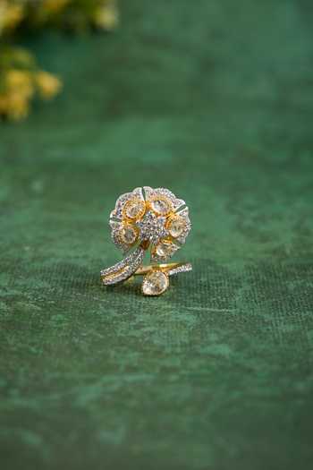 Kaari_White Stones, Crystals, Vanshika Polki Cz 18kt Gold Plated 92.5 Silver Ring _at_Aza_Fashions