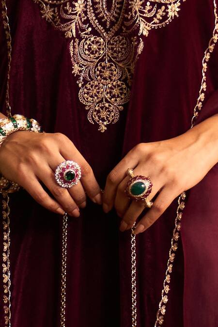 Kaari Emerald Green Stones, Crystals, Roshni Polki Ring Online at Aza Fashions Kaari_Emerald Green Stones, Crystals, Roshni Polki Ring _Online_at_Aza_Fashions