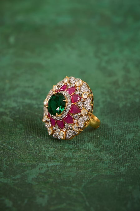 Buy Kaari Emerald Green Stones, Crystals, Roshni Polki Ring Online at Aza Fashions Buy_Kaari_Emerald Green Stones, Crystals, Roshni Polki Ring _Online_at_Aza_Fashions