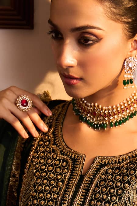 Buy_Kaari_Gold Plated Stones, Sara Polki Ring _Online_at_Aza_Fashions