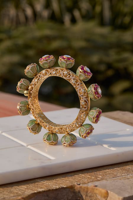 Buy_Kaari_Gold Plated Beads, Pearls, Stones, Purvi Carved Kada _Online_at_Aza_Fashions