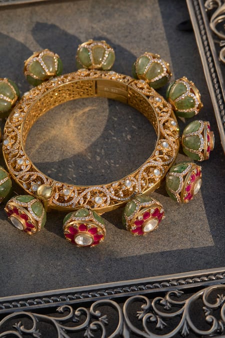 Kaari_Gold Plated Beads, Pearls, Stones, Purvi Carved Kada _at_Aza_Fashions