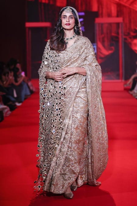 Itrh_Gold Silk, Organza, Tissue, Brocade Embroidery, Kanakprabha Saree Set With Veil _Online_at_Aza_Fashions