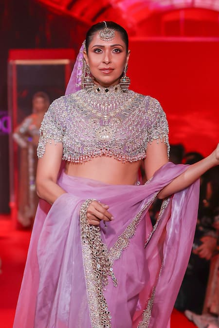 Buy_Itrh_Lilac Silk Organza Beads, Pearls, Zari, Stones Indulekha Saree Set With Veil _Online_at_Aza_Fashions