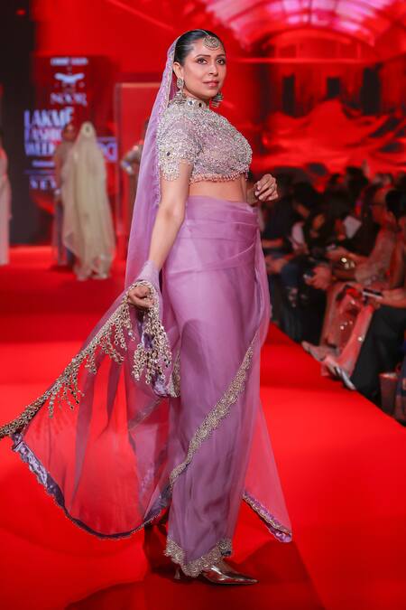 Shop_Itrh_Lilac Silk Organza Beads, Pearls, Zari, Stones Indulekha Saree Set With Veil _Online_at_Aza_Fashions