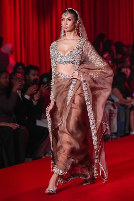 Itrh_Brown Organza, Silk Beads, Stones, Zari Sweetheart Varnika Saree With Blouse _Online_at_Aza_Fashions