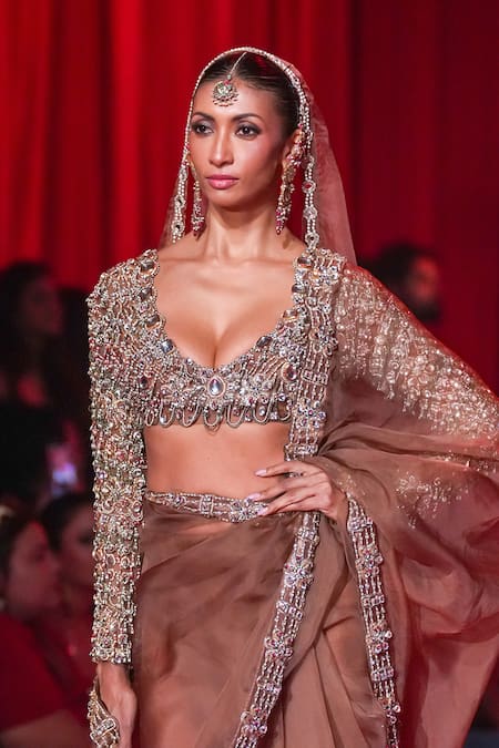 Buy_Itrh_Brown Organza, Silk Beads, Stones, Zari Sweetheart Varnika Saree With Blouse _Online_at_Aza_Fashions