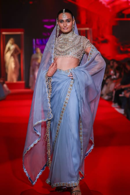 Buy_Itrh_Blue Silk, Organza Beads, Zari, Stones High Neelambara Saree Set With Veil _Online_at_Aza_Fashions