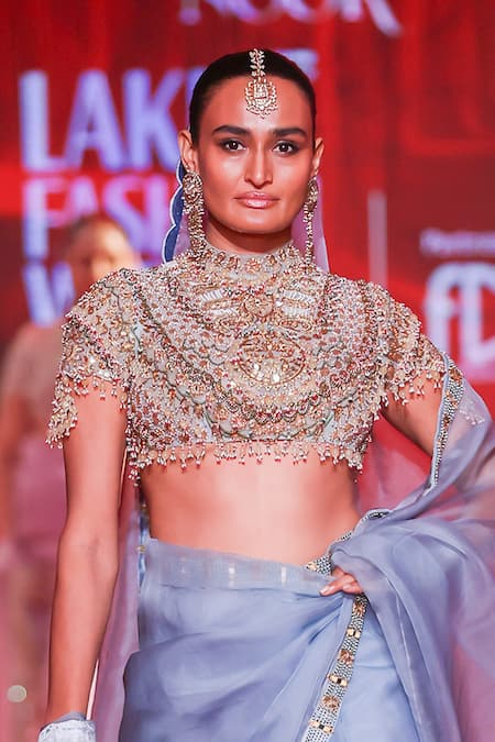 Itrh_Blue Silk, Organza Beads, Zari, Stones High Neelambara Saree Set With Veil _at_Aza_Fashions