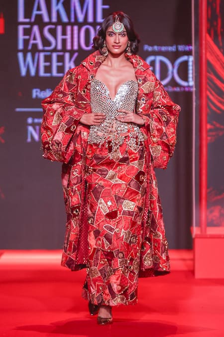 Buy_Itrh_Silver Net, Brocade, Chanderi Mirrors, Fringe, Vilasini Jacket And Skirt Set _Online_at_Aza_Fashions