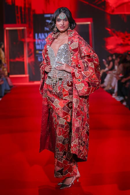 Shop_Itrh_Silver Net, Brocade, Chanderi Mirrors, Fringe, Vilasini Jacket And Skirt Set _Online_at_Aza_Fashions