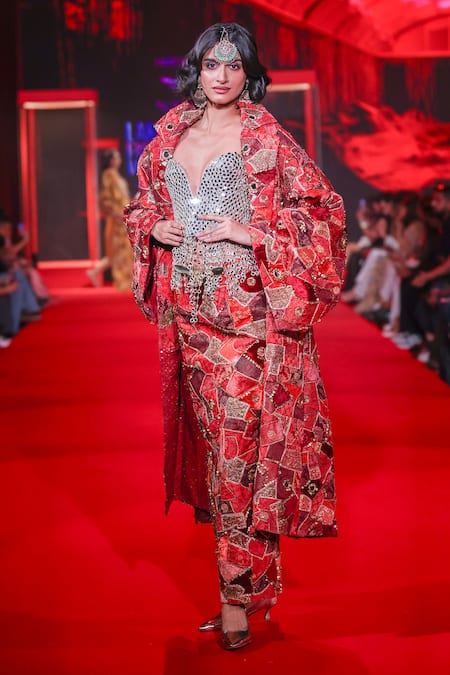 Itrh_Silver Net, Brocade, Chanderi Mirrors, Fringe, Vilasini Jacket And Skirt Set _at_Aza_Fashions