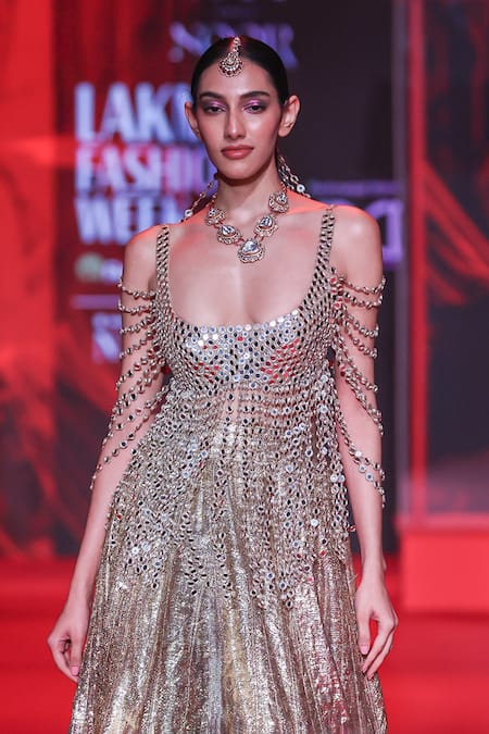 Itrh_Gold Net, Lampi Mirrors Scoop Neck Darpanika Lehenga With Multi Strings Blouse _Online_at_Aza_Fashions