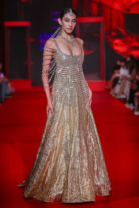 Shop_Itrh_Gold Net, Lampi Mirrors Scoop Neck Darpanika Lehenga With Multi Strings Blouse _Online_at_Aza_Fashions