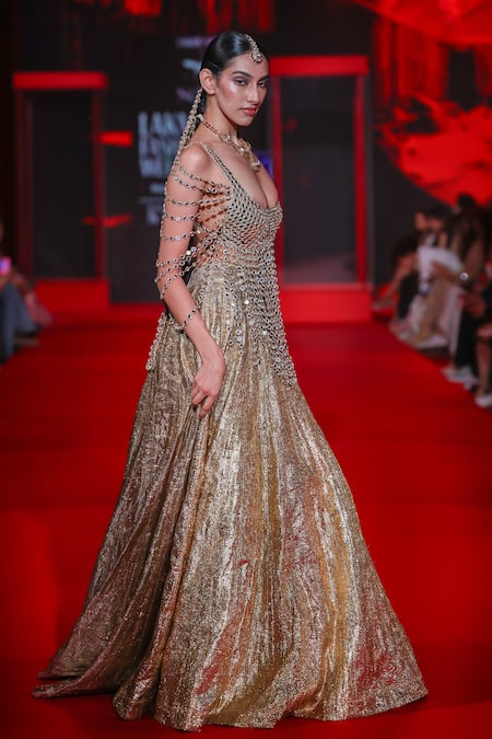 Itrh_Gold Net, Lampi Mirrors Scoop Neck Darpanika Lehenga With Multi Strings Blouse _at_Aza_Fashions