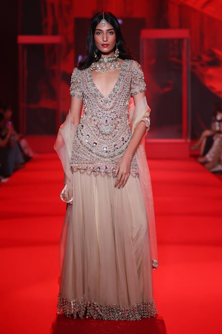 Buy_Itrh_Ivory Organza, Velvet Mirrors, Stones Ratnarekha Embellished Kurta Skirt Set _Online_at_Aza_Fashions