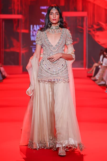 Shop_Itrh_Ivory Organza, Velvet Mirrors, Stones Ratnarekha Embellished Kurta Skirt Set _Online_at_Aza_Fashions