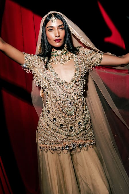 Itrh_Ivory Organza, Velvet Mirrors, Stones Ratnarekha Embellished Kurta Skirt Set _at_Aza_Fashions