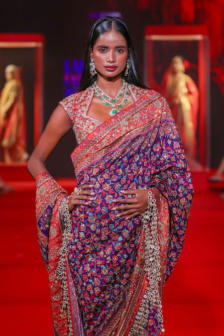 Itrh_Purple Silk, Net, Brocade, Shantoon Mirrors, Indrani Jamawaar Saree With Blouse _Online_at_Aza_Fashions
