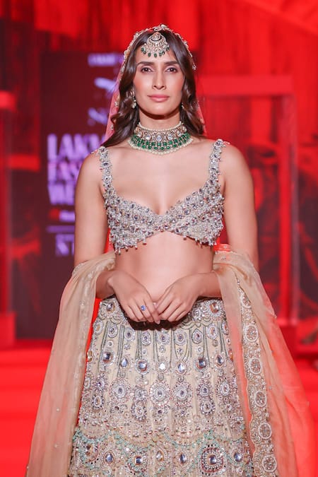 Itrh_Pink Organza, Velvet Sequins, Stones, Mirrors Mrigakshi Embellished Lehenga Set _Online_at_Aza_Fashions