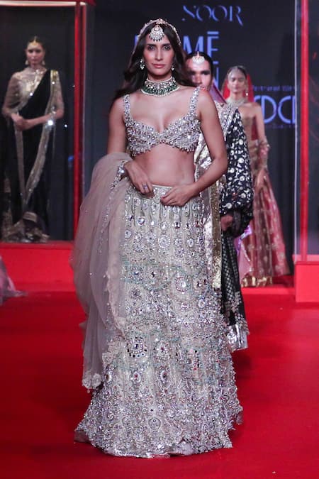 Buy_Itrh_Blush Organza, Net, Velvet Stones, Mrigakshi Embellished Lehenga Set With Veil _Online_at_Aza_Fashions