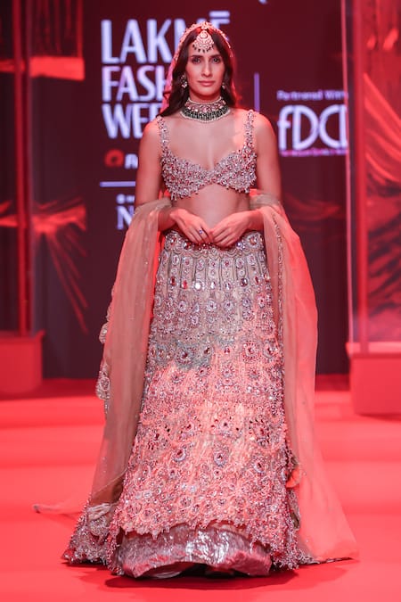 Shop_Itrh_Blush Organza, Net, Velvet Stones, Mrigakshi Embellished Lehenga Set With Veil _Online_at_Aza_Fashions