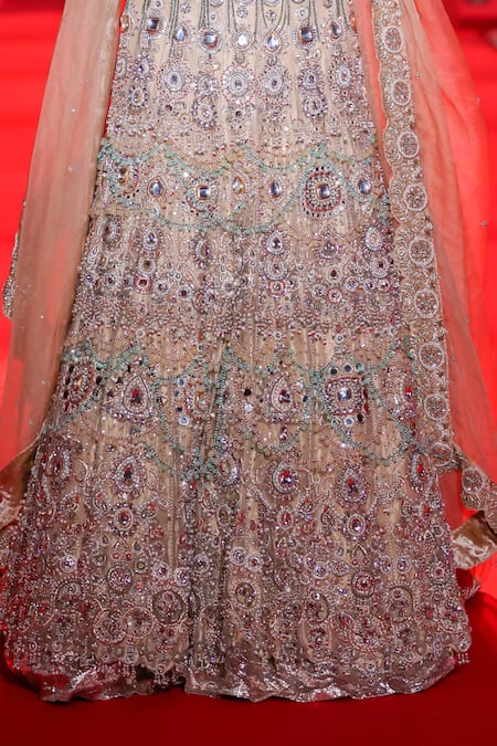 Shop_Itrh_Blush Organza, Net, Velvet Stones, Mrigakshi Embellished Lehenga Set With Veil 