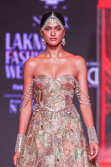 Itrh_Green Velvet, Brocade Sequins, Stones, Pravanya Patchwork Lehenga With Blouse _Online_at_Aza_Fashions